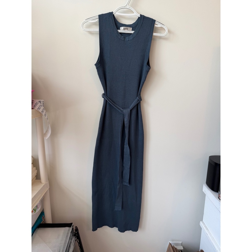 Lalavon Slate Blue Ribbed Knit Sleeveless Midi Dress with Tie Waist Size M